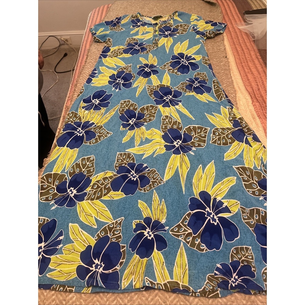 Desert Shores Caribbean Joe Blue Floral Rayon Maxi Dress Womens Small Short Slv
